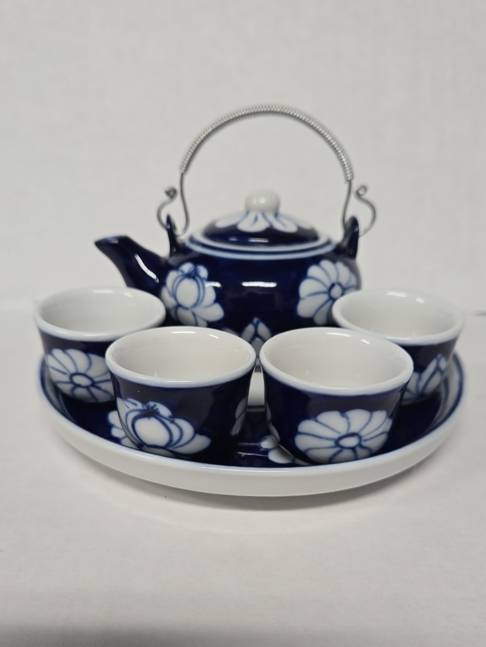 Vntg Mini Vietnamese Blue & White Ceramic Tea/Sake Set - 6 Piece